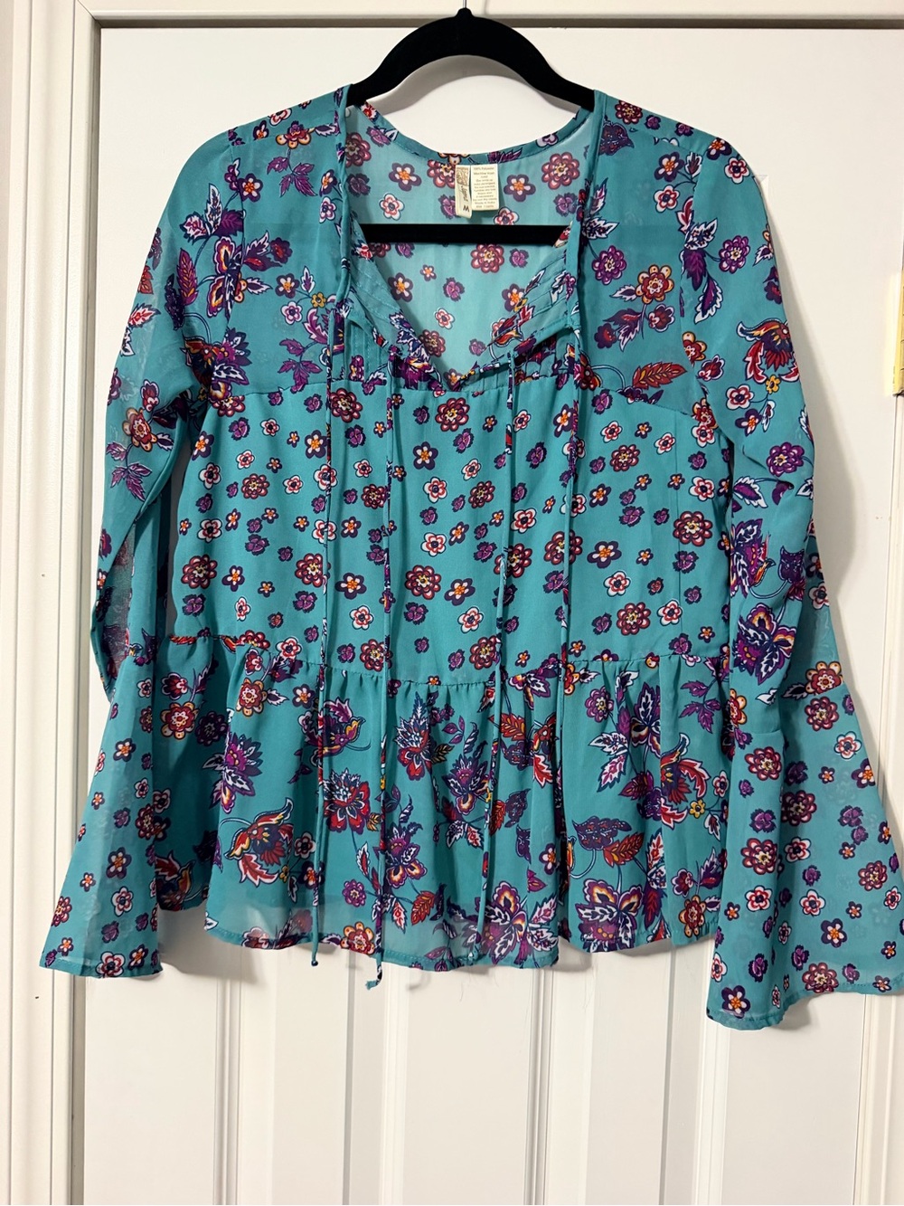Women's Teal Floral Peasant Top - Boho Long Sleeve - M